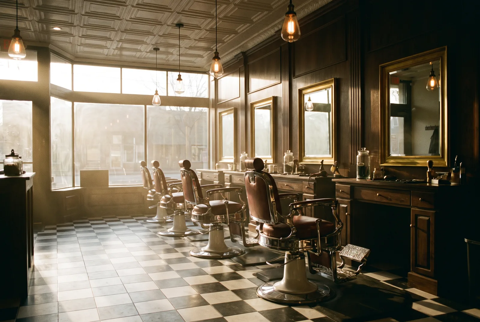 The shop floor: a row of vintage barber chairs facing brass-framed mirrors in afternoon light