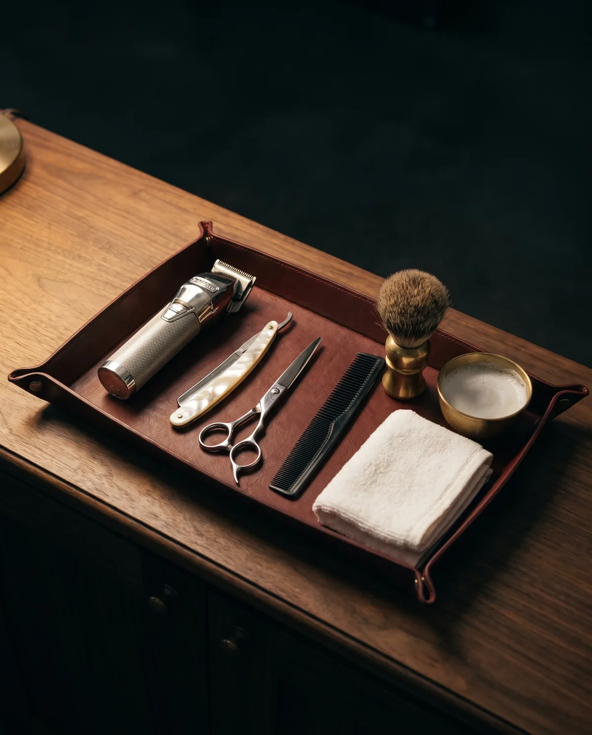 Clippers, a straight razor, scissors, a comb and a shaving brush on a leather tray