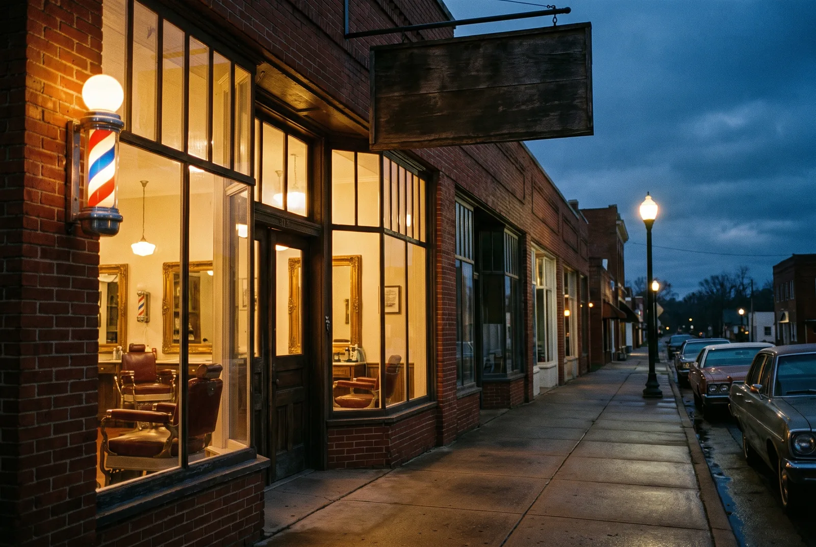 The shop at dusk: warm windows with barber chairs inside and a barber pole by the door